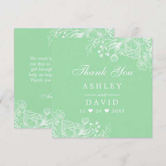 Neo Mint Moderne Witte Bloemige Dankkaart Bedankkaart (Voorkant / Achterkant)