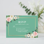 Neo Mint Pink White Floral Gold Wedding RSVP (Staand voorkant)