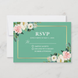 Neo Mint Pink White Floral Gold Wedding RSVP Kaartje