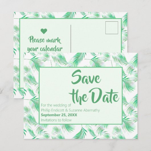 Neo Mint Tropical Palm Leaves Save the Date Aankondigingskaart (Voorkant / Achterkant)