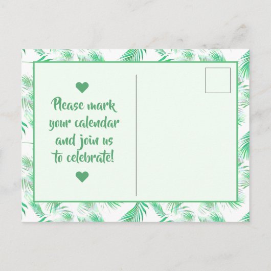 Neo Mint Tropical Palm Leaves Save the Date Aankondigingskaart (Achterkant)