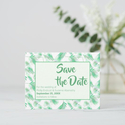 Neo Mint Tropical Palm Leaves Save the Date Aankondigingskaart (Staand voorkant)