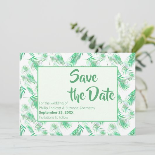 Neo Mint Tropical Palm Leaves Save the Date Kaart (Staand voorkant)