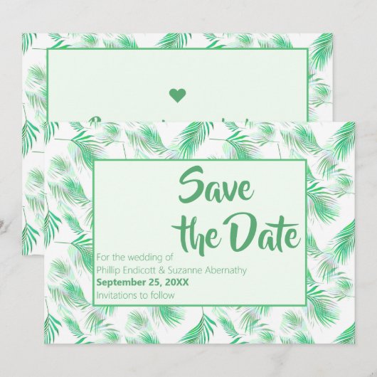 Neo Mint Tropical Palm Leaves Save the Date Kaart (Voorkant / Achterkant)
