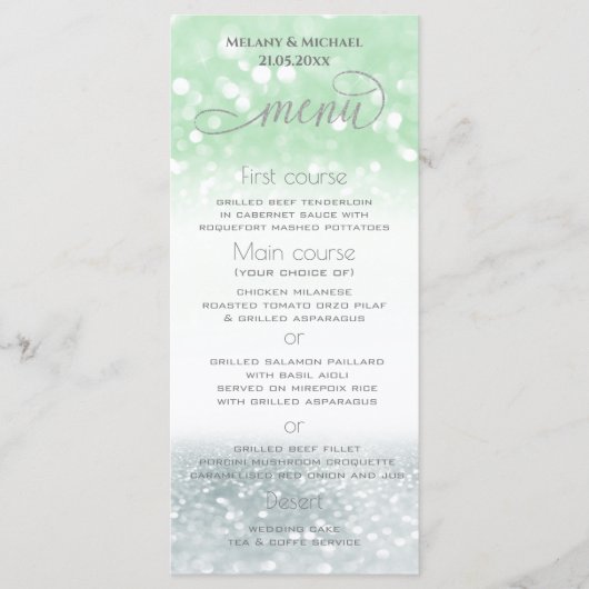 Neo mint zilver chic glinsterende trendy kalligraf menu (Voorkant)