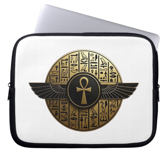 NeoAnkh 3D Golden Winged Ankh & Hieroglyphs Laptop Sleeve (Voorkant)