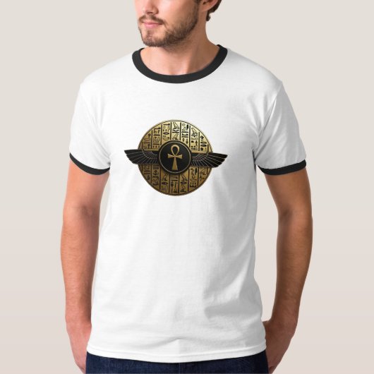 NeoAnkh 3D Golden Winged Ankh & Hieroglyphs T-shirt (Voorkant)