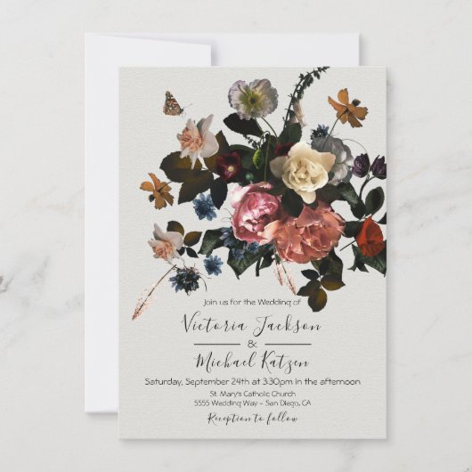 Neoclassicistisch Bloemenlicht & Luchtige Bruiloft Kaart (Voorkant)