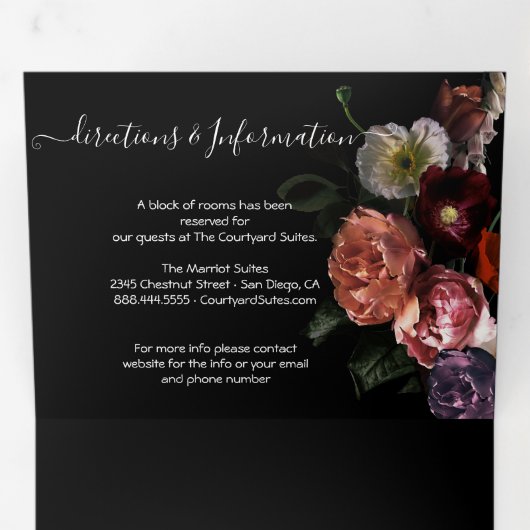 Neoclassicistische Moonlight Floral Dark & Moody W Drieluik Uitnodiging (Binnenzijde eerst)