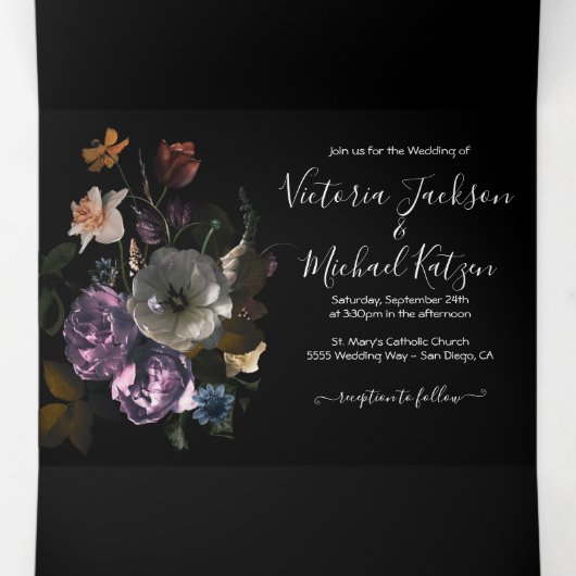 Neoclassicistische Moonlight Floral Dark & Moody W Drieluik Uitnodiging (Binnenkant midden)