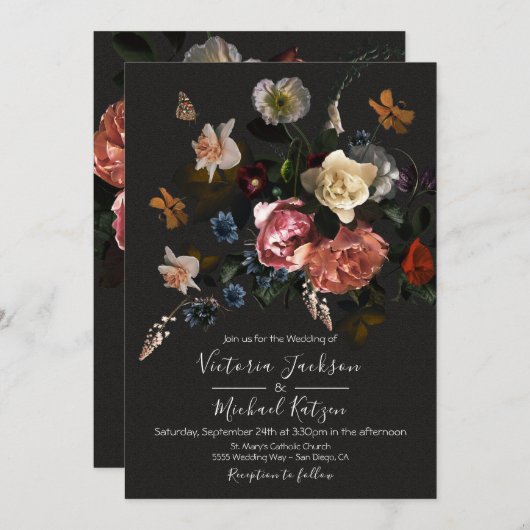 Neoclassieke Floral Dark & Moody Wedding Kaart (Voorkant / Achterkant)