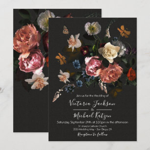 Neoclassieke Floral Dark & Moody Wedding Kaart