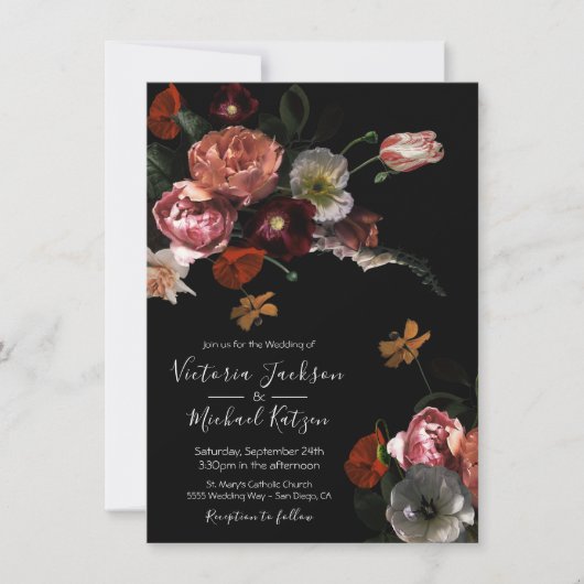 Neoclassieke Floral Moody's & Dark Wedding Kaart (Voorkant)