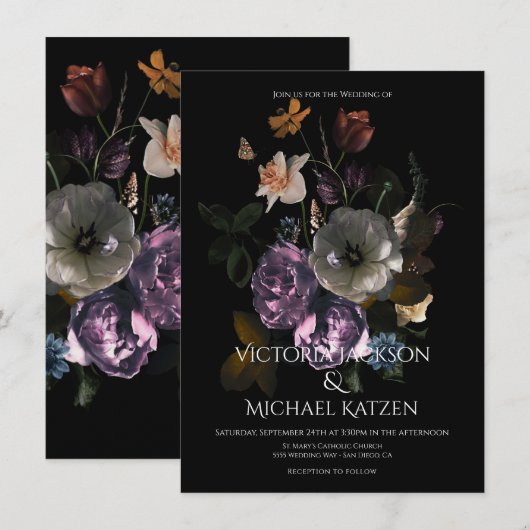 Neoclassieke Floral Moonlight Dark & Moody Wedding Kaart (Voorkant / Achterkant)