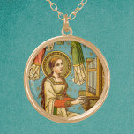 NeoGothic St. Cecilia of Rome (in detail; BNG 02) Goud Vergulden Ketting<br><div class="desc">In dit detail uit een fantastische NeoGothic Swiss devotional print wordt de St. Cecilia van Rome (3e eeuw) afgebeeld om een oranje pijp te spelen tegen een waterachtergrond die voorzien is van gouden stippen en sterren. Haar lange maaghaar hangt los en troebels over haar schouders en over haar rug. Ze...</div>