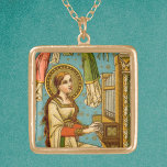 NeoGothic St. Cecilia of Rome (in detail; BNG 02) Goud Vergulden Ketting<br><div class="desc">In dit detail uit een fantastische NeoGothic Swiss devotional print wordt de St. Cecilia van Rome (3e eeuw) afgebeeld om een oranje pijp te spelen tegen een waterachtergrond die voorzien is van gouden stippen en sterren. Haar lange maaghaar hangt los en troebels over haar schouders en over haar rug. Ze...</div>