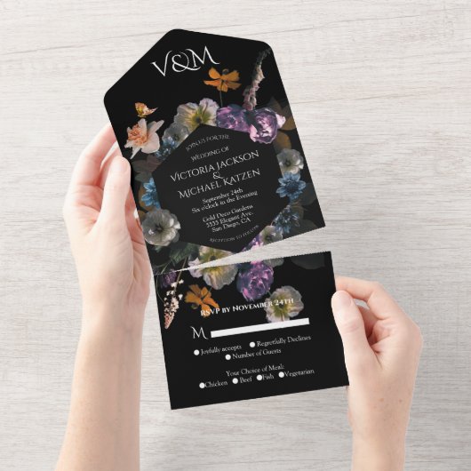 Neoklassieke Maanlicht Bloemige Donkere & Droevige All In One Uitnodiging (Afscheurbaar)