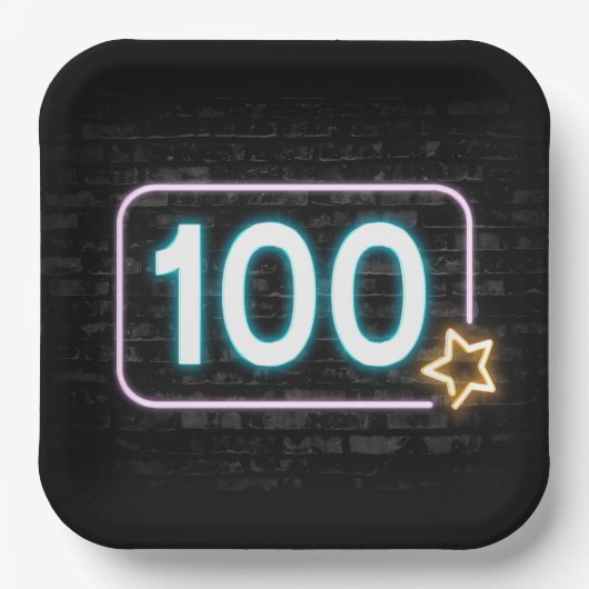 Neon 100ste verjaardag bord op baksteen (Voorkant)