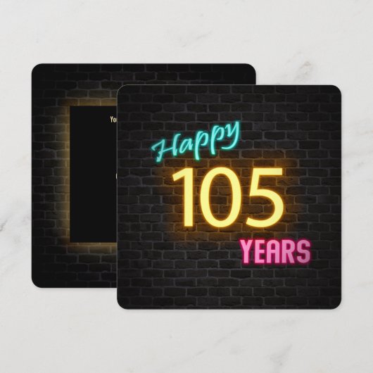 Neon 105th Birthday Sign gloed op steen Kaart (Voorkant / Achterkant)