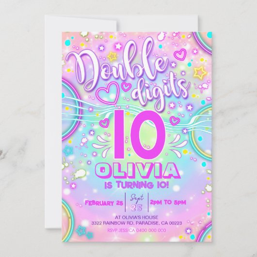Neon 10e verjaardag uitnodiging dubbele cijfers (Voorkant)