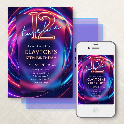 Neon 12e verjaardag uitnodiging
