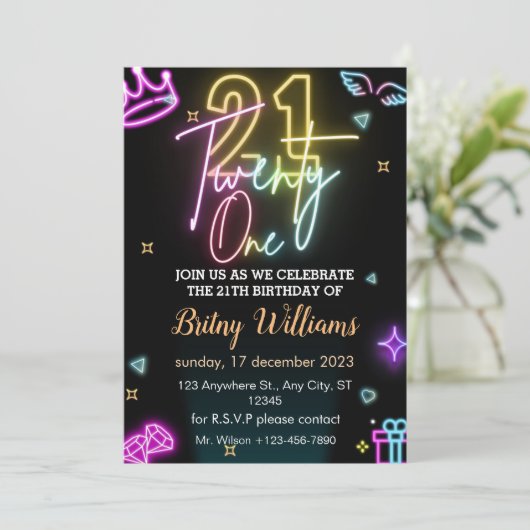 Neon 21e verjaardag uitnodiging (Staand voorkant)