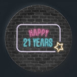 Neon 21st Birthday Marquee op Brick Wall Papieren Bordje<br><div class="desc">Het gloeiende neonteken op een grijze muur voor het 21ste verjaardagsfeest</div>