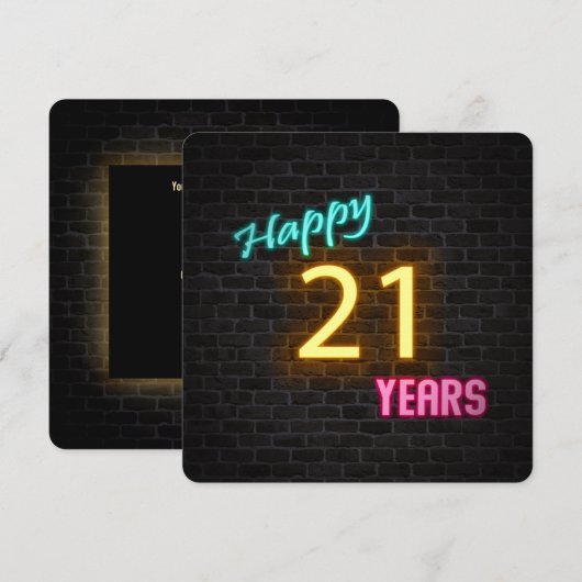 Neon 21st Verjaardag Teken op baksteen Kaart (Voorkant / Achterkant)