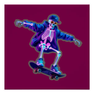 Neon 3D Skelet Skateboarden – Grappige Streetwear  Perfect Poster