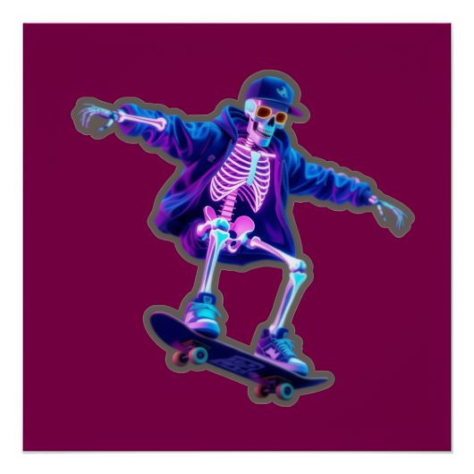 Neon 3D Skeleton Skateboarding – Funny Streetwear  Perfect Poster (Voorkant)