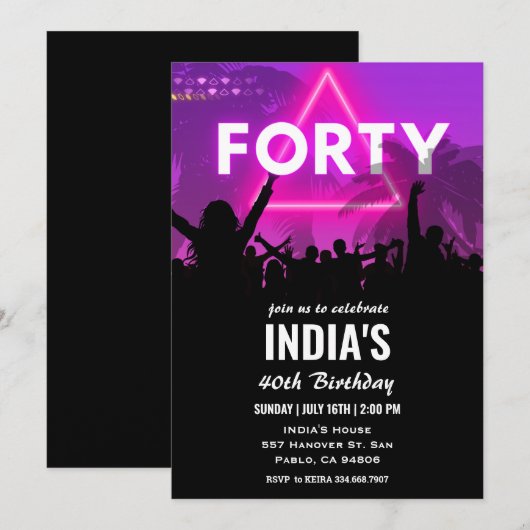 Neon 40ste verjaardag uitnodiging (Voorkant / Achterkant)