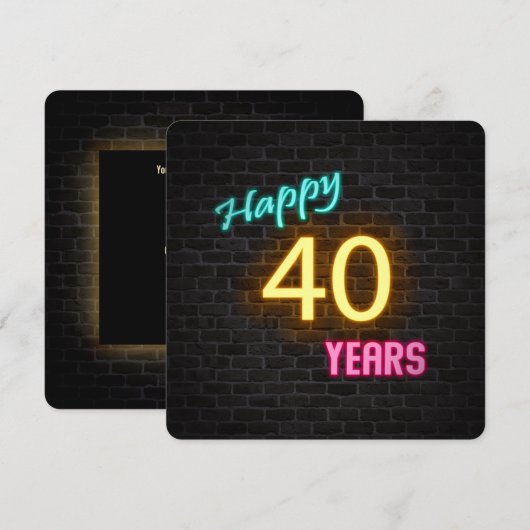 Neon 40th Verjaardag Teken gloeien op baksteen Kaart (Voorkant / Achterkant)