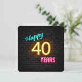 Neon 40th Verjaardag Teken gloeien op baksteen Kaart (Staand voorkant)