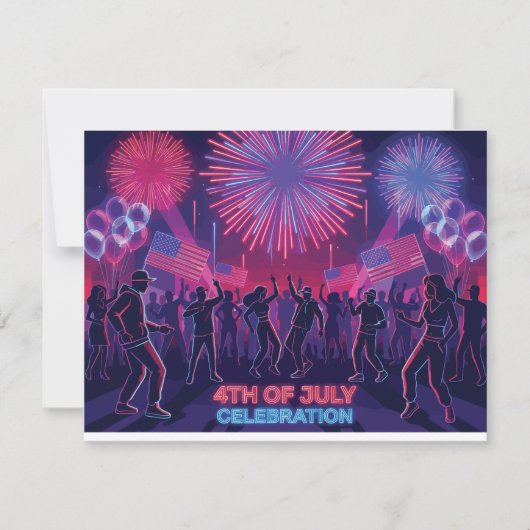 Neon 4 juli viering dansfeest RSVP kaartje (Voorkant)