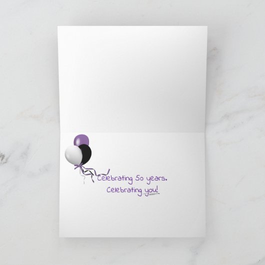 neon 50e verjaardag en ballon in vuurwerk kaart (Binnen)