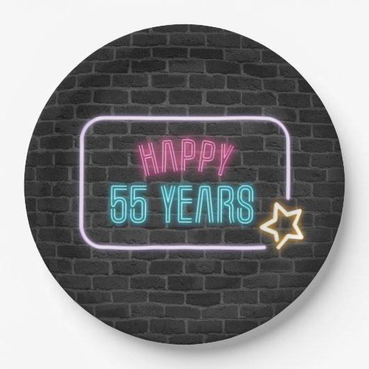 Neon 55th Birthday Marquee op Brick Wall Papieren Bordje (Voorkant)