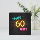Neon 60th Verjaardag Teken gloeien op baksteen Kaart (Staand voorkant)