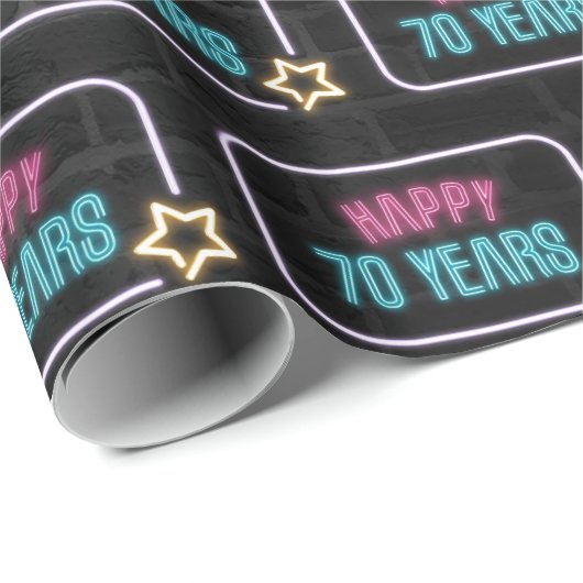 Neon 70th Birthday Marquee op Brick Wrapping Paper Cadeaupapier (Rol Hoek)