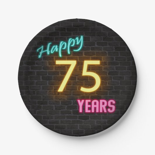 Neon 75-teken op bakstenen muur papieren bordje (Voorkant)