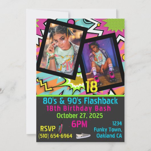 Neon 80's|90's Flashback Hip Hop Birthday Foto Kaart (Achterkant)