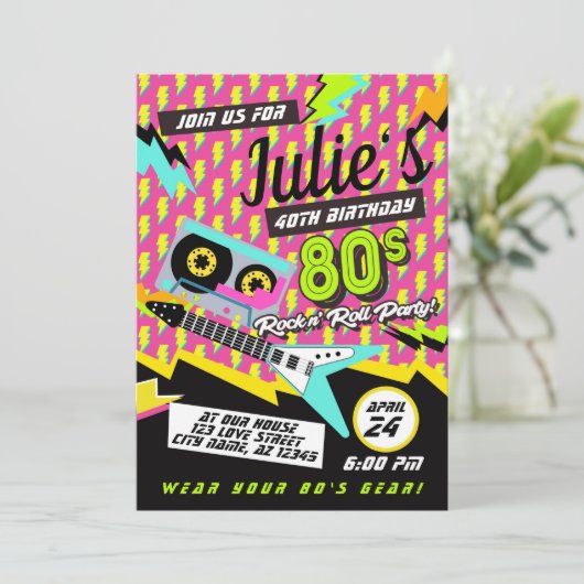 Neon 80's Rock n' Roll Birthday Party Invitation Aankondiging (Staand voorkant)