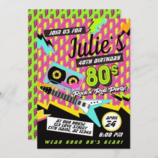 Neon 80's Rock n' Roll Birthday Party Invitation Aankondiging (Voorkant / Achterkant)