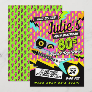 Neon 80's Rock n' Roll Birthday Party Invitation Aankondiging
