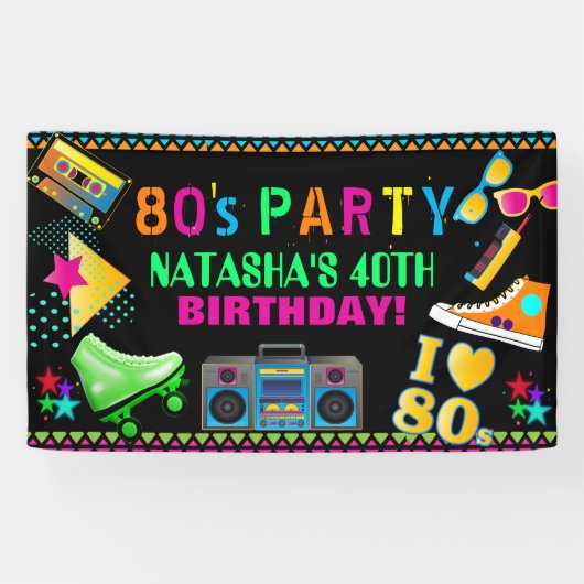 Neon 80's Verjaardagsfeest Spandoek (Horizontaal)