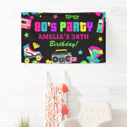 Neon 80's Verjaardagsfeestbanner Retro Any Age Spandoek (Insitu)