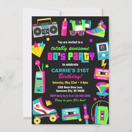 Neon 80s Verjaardagsfeestuitnodiging Kaart (Voorkant)