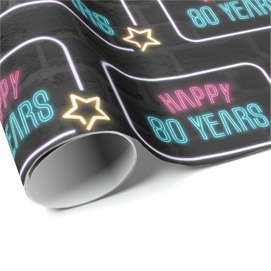 Neon 80th Birthday Marquee op Brick Cadeaupapier (Rol Hoek)