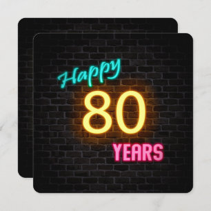 Neon 80th Birthday Sign glanzend op baksteen Kaart