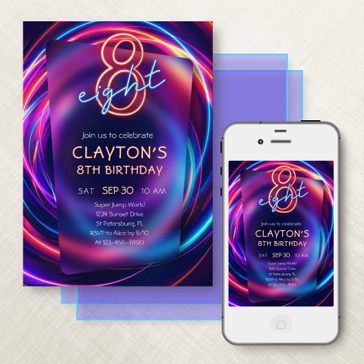 Neon 8e verjaardag uitnodiging