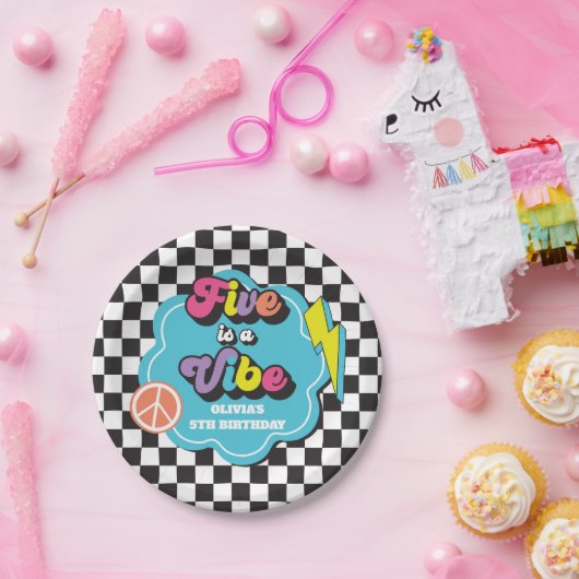 Neon 90s Retro Five viert vijfde verjaardag Papieren Bordje (Feest)